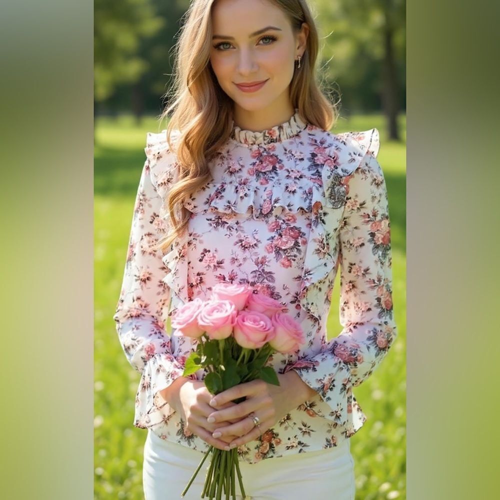 Rachel Parcell Blue Ice Sofia Pink Floral Ruffle Top Size XXS